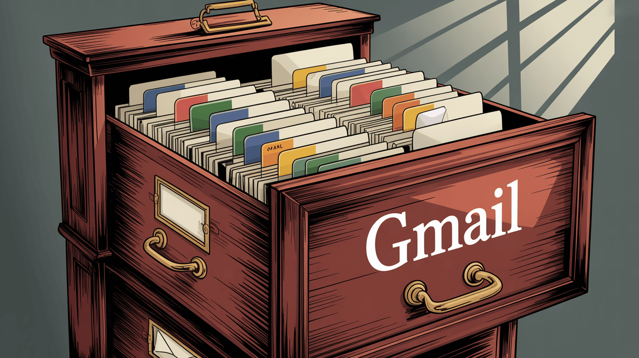Gmail archiving concept showing organized email storage in a filing cabinet system
